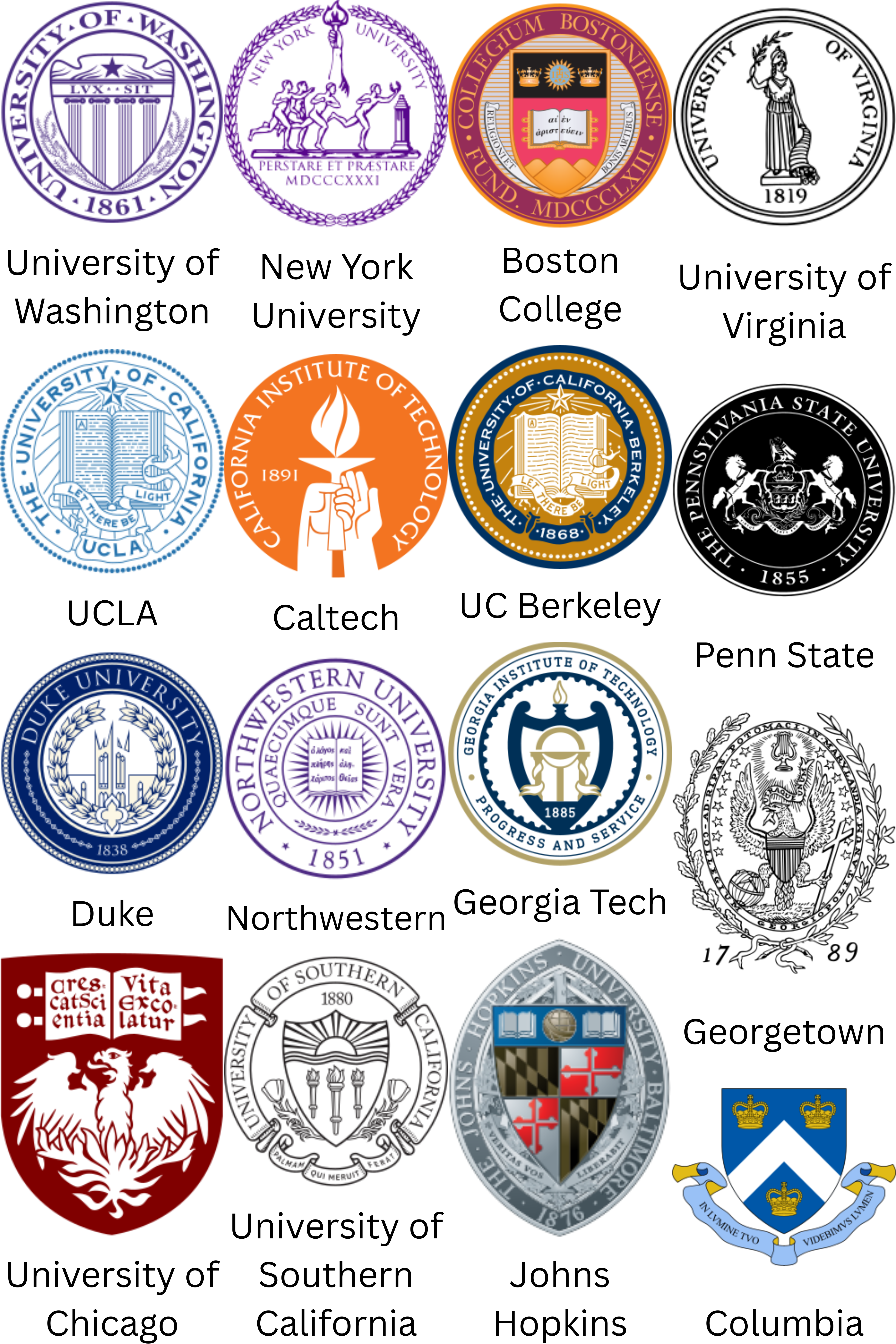 A collage of college and university seals representing where students have been accepted.